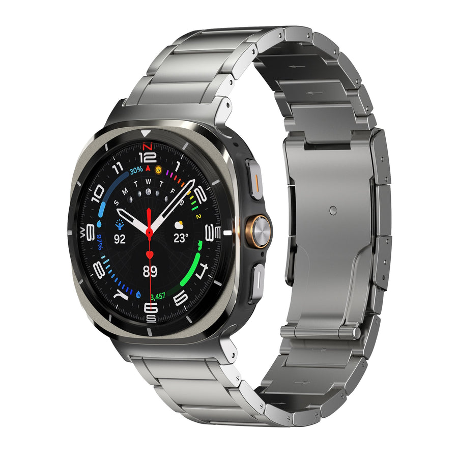 Robust Titanium Band T01 for Samsung Galaxy Watch Ultra, showcasing a sleek natural titanium watch strap on a smartwatch.