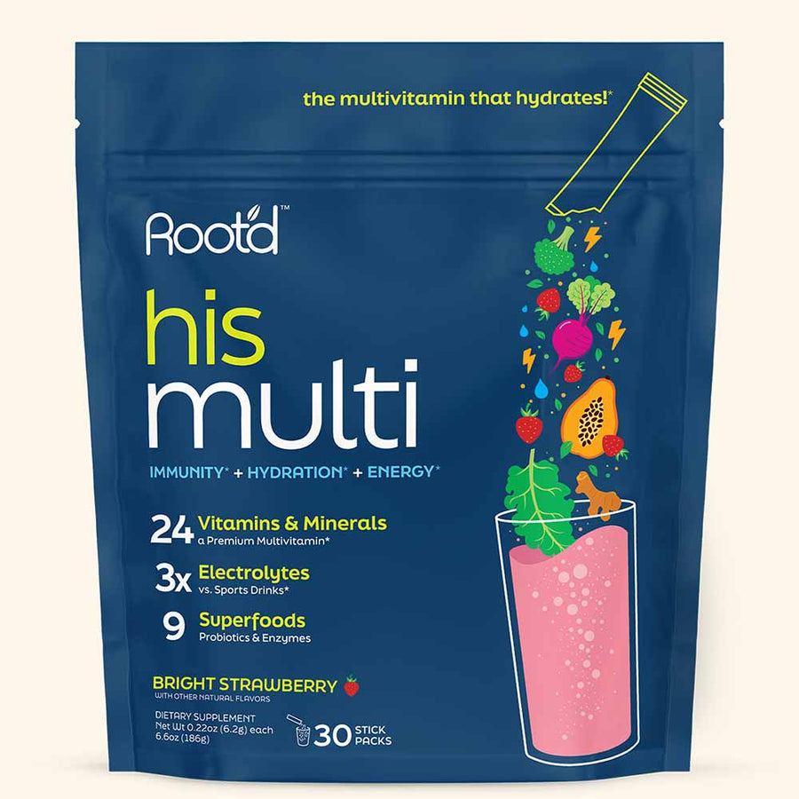 Root'd Advanced Daily Nutrition electrolytes for men in orchard berry flavor, 15-pack, showing colorful electrolyte powder packets.