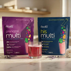 Root'd Growing Together Bundle multivitamin pack for future mom and dad, featuring hydrating multivitamins in a 30-day supply.