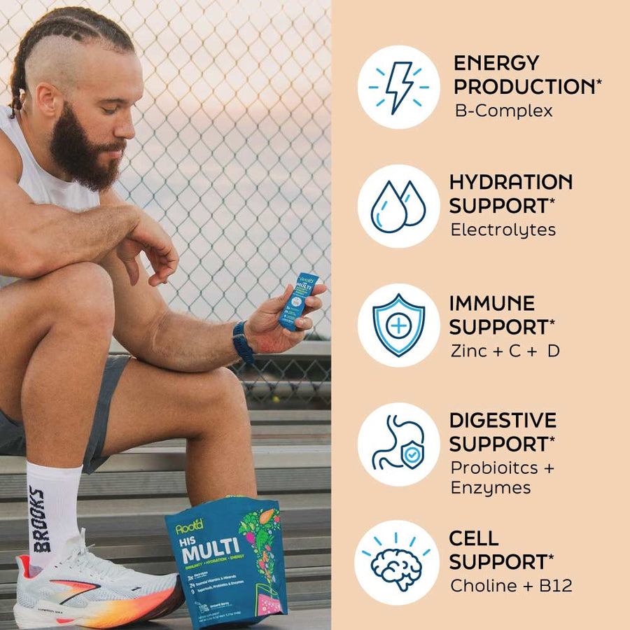 Root'd Growing Together Bundle multivitamin pack for future mom and dad, featuring hydrating multivitamin capsules in a 30-day supply.
