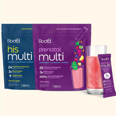 Root'd Growing Together Bundle multivitamin pack for future mom and dad, featuring hydrating multivitamins for prenatal health.