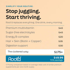 Root'd Advanced Daily Nutrition multivitamin for her in raspberry acai flavor, showing a 15-pack with colorful capsules.