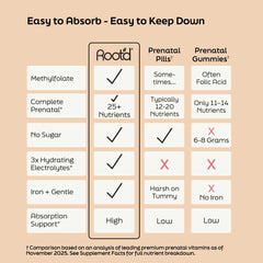 Root'd Essential Prenatal Nutrition and Electrolytes in Lemon Berry flavor, 15-pack, showing colorful drink packets.