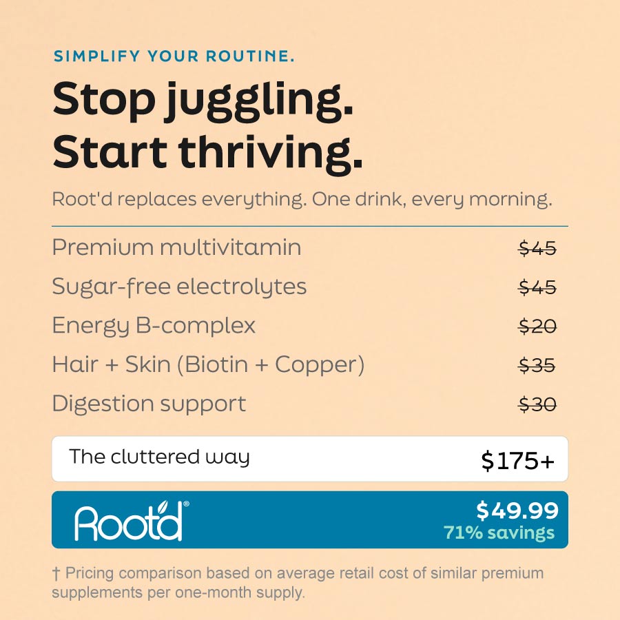 Root'd Advanced Daily Nutrition multivitamin for women, showing the supplement bottle and vibrant ingredients.