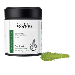 Isshiki Matcha Samidori Single Cultivar premium matcha powder pack with green powder smear on transparent background