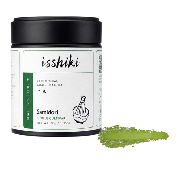Isshiki Matcha Samidori Single Cultivar premium matcha powder pack with green powder smear on transparent background