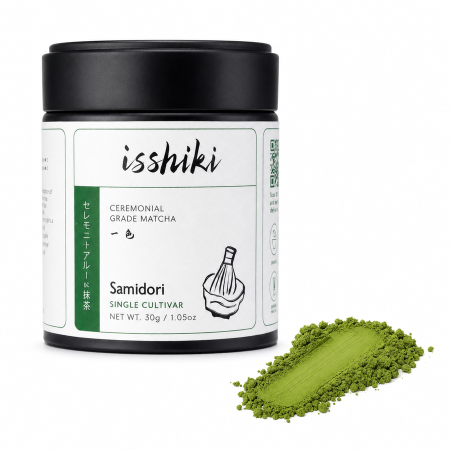 Isshiki Matcha Samidori single cultivar premium matcha powder package with matcha powder visible