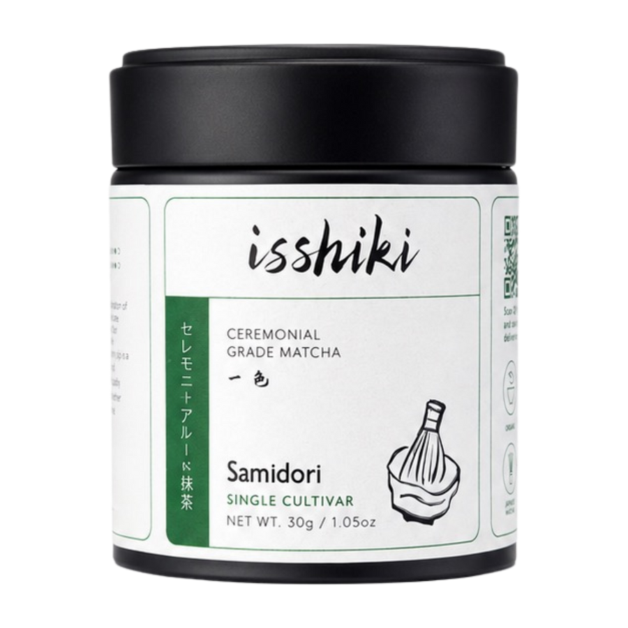 Isshiki Matcha Samidori single cultivar premium matcha powder in green packaging
