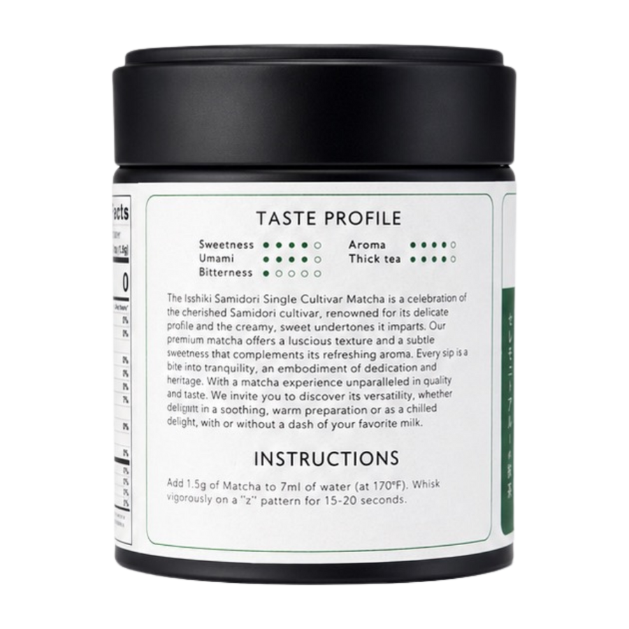 Isshiki Matcha Samidori single cultivar premium matcha powder in green packaging