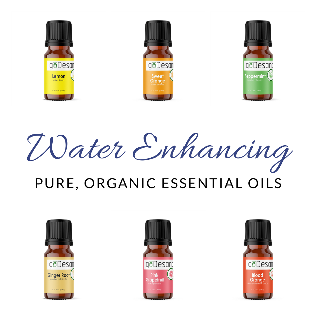 Set of six water-enhancing organic essential oils by Save Our Jewels Wellness, featuring pure, unrefined natural oil bottles.
