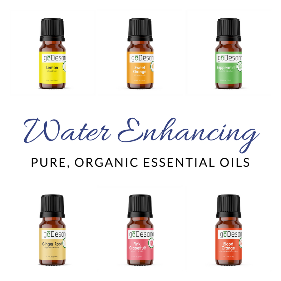 Set of six water-enhancing organic essential oils by Save Our Jewels Wellness, featuring pure, unrefined natural oil bottles.