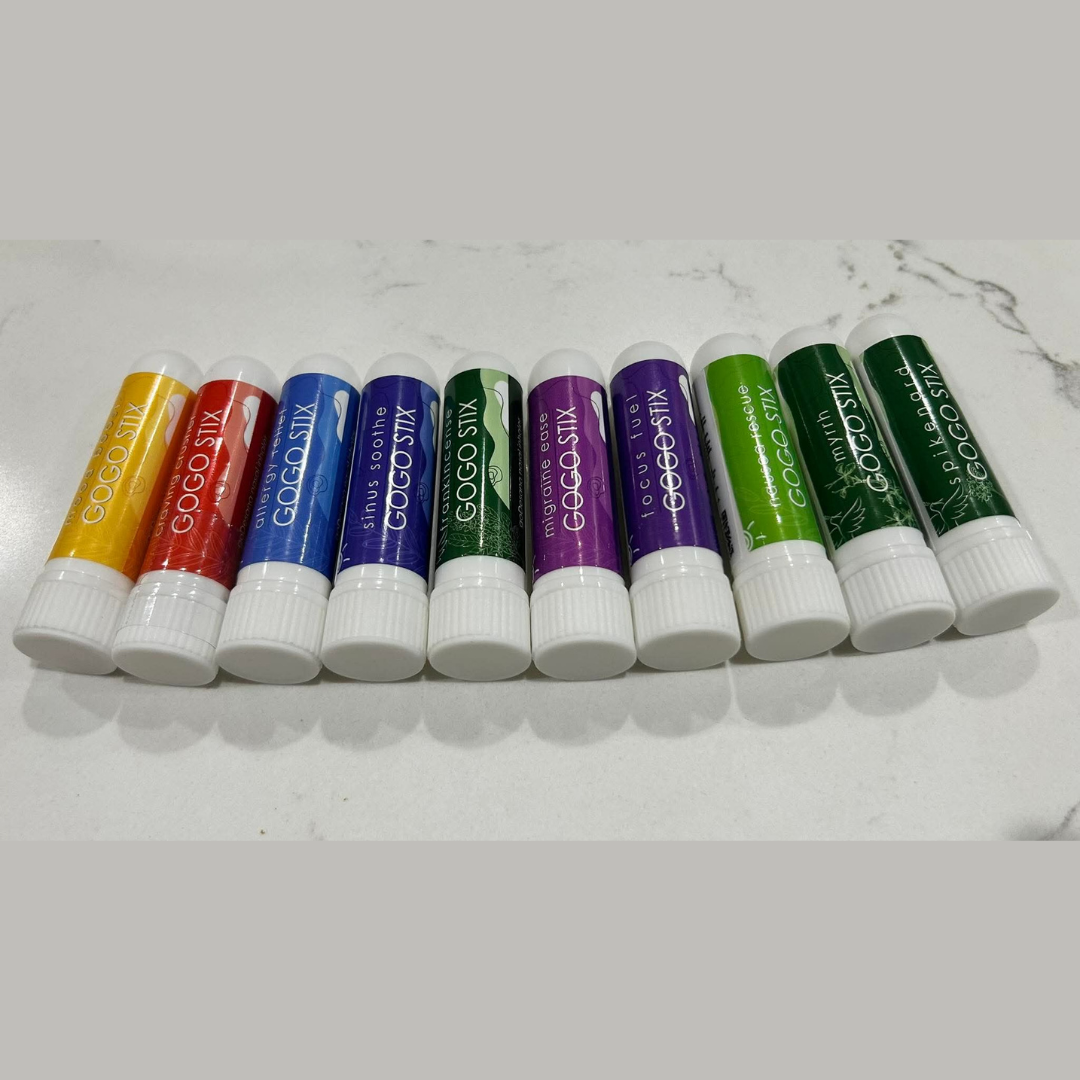Save Our Jewels Wellness GOGO Stix organic aromatherapy inhalers for allergy relief, portable natural essential oil inhalers.