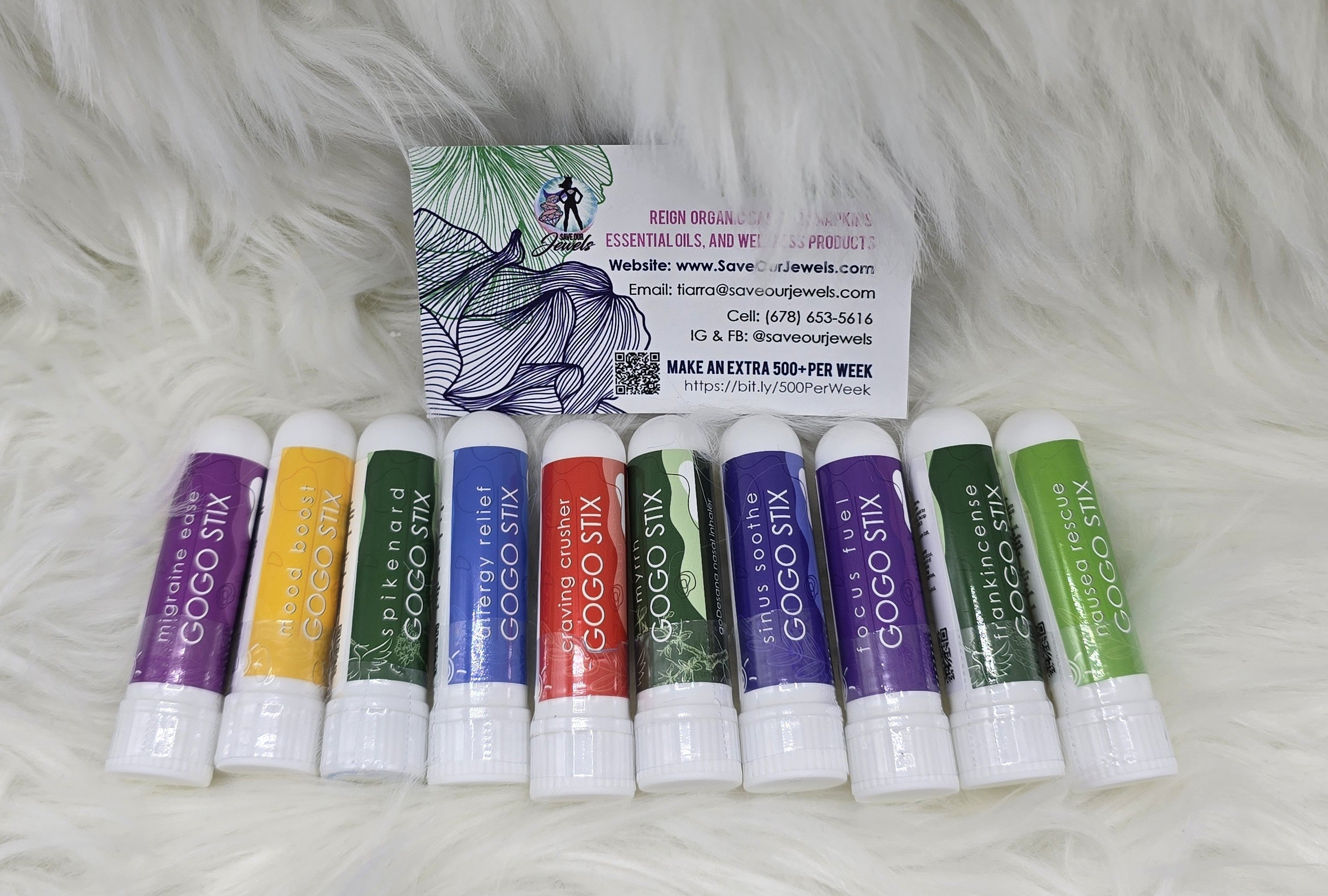 Organic aromatherapy inhalers by Save Our Jewels Wellness, GOGO Stix allergy relief inhalers with natural herbal blends.