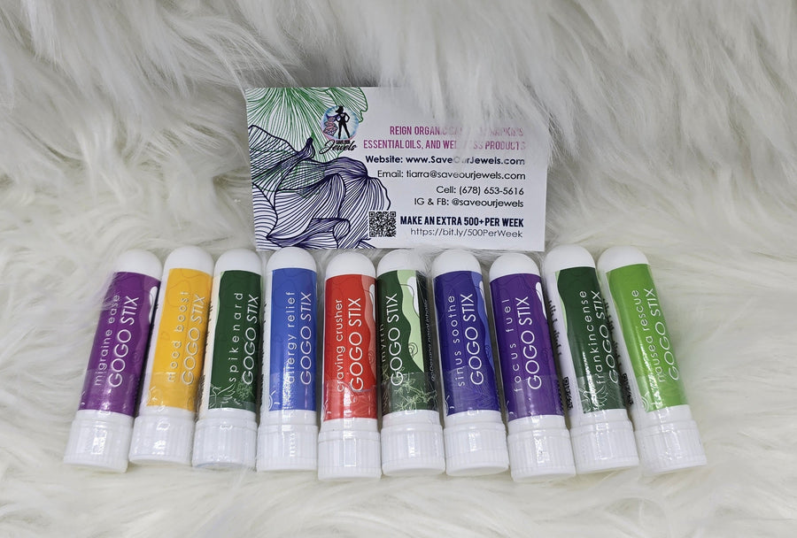 Organic aromatherapy inhalers by Save Our Jewels Wellness, GOGO Stix allergy relief inhalers with natural herbal blends.