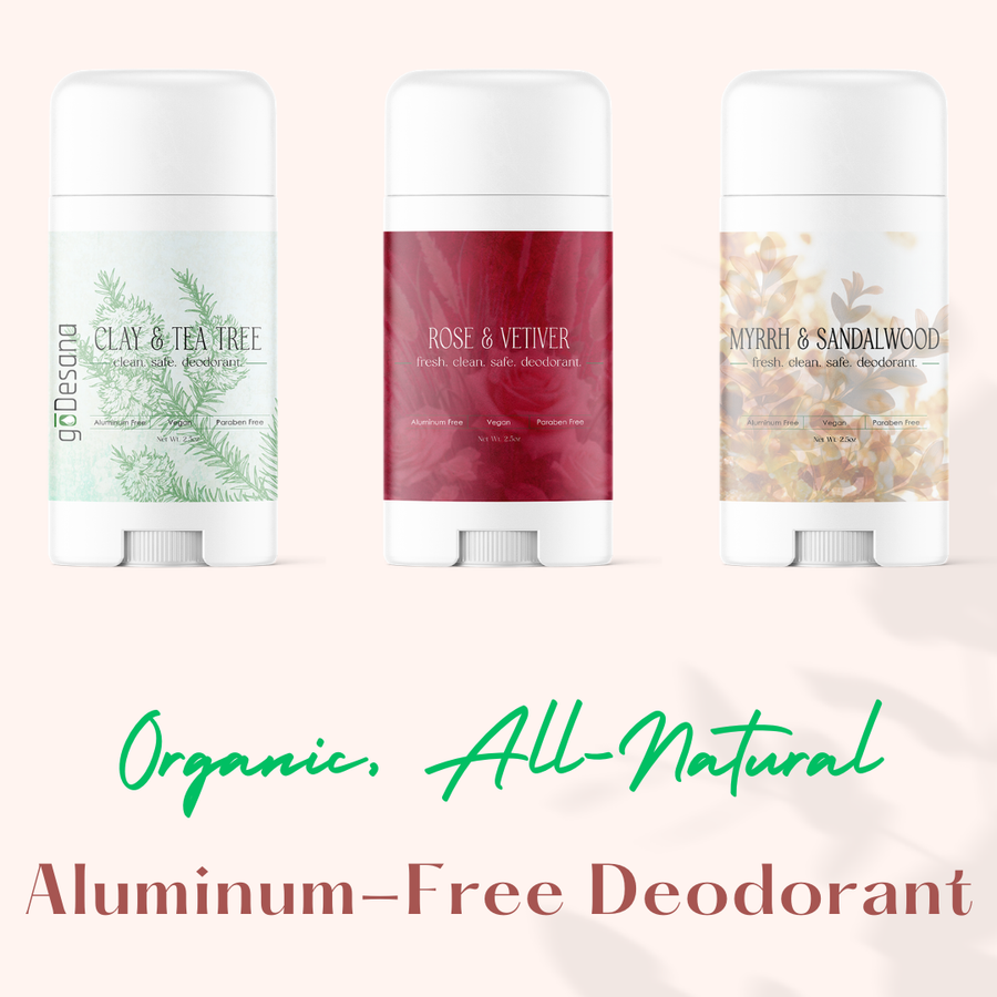 Aluminum-free organic vegan deodorant by Save Our Jewels Wellness, shown in a natural setting with clay and tea ingredients.