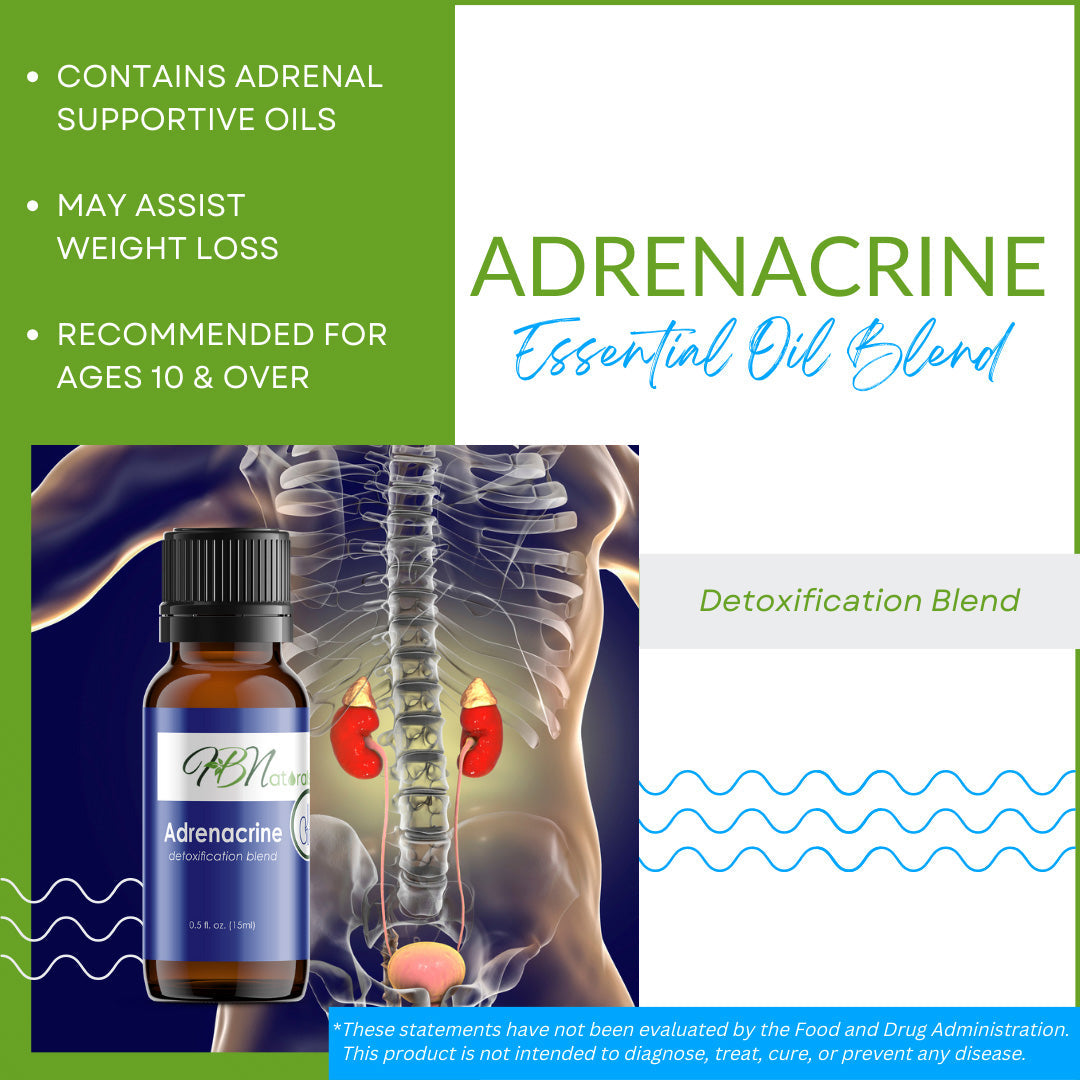 Adrenacrine Adrenal Support Essential Oil Blend from Save Our Jewels Wellness, in a dark amber glass bottle with dropper.