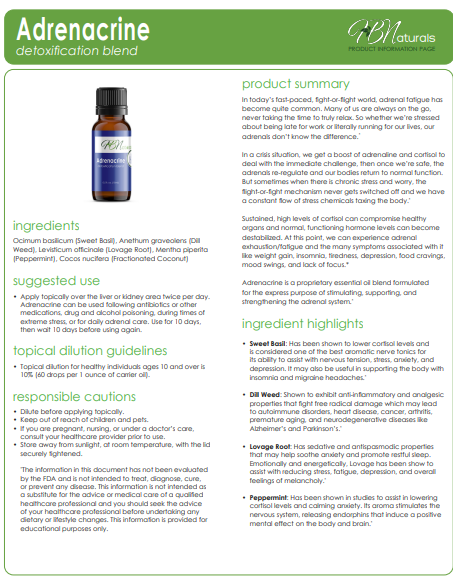 Bottle of Adrenacrine Adrenal Support essential oil blend by Save Our Jewels Wellness, with dropper and herbal ingredients visible.