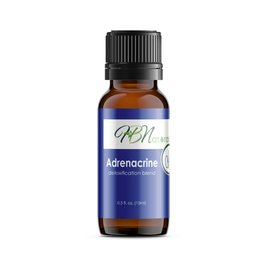 Bottle of Adrenacrine Adrenal Support essential oil blend by Save Our Jewels Wellness, with natural herbal ingredients visible.