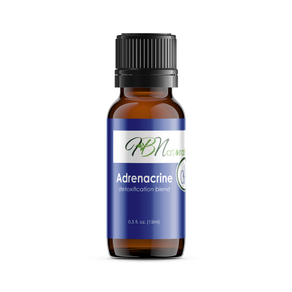 Bottle of Adrenacrine Adrenal Support essential oil blend by Save Our Jewels Wellness, with natural herbal ingredients visible.