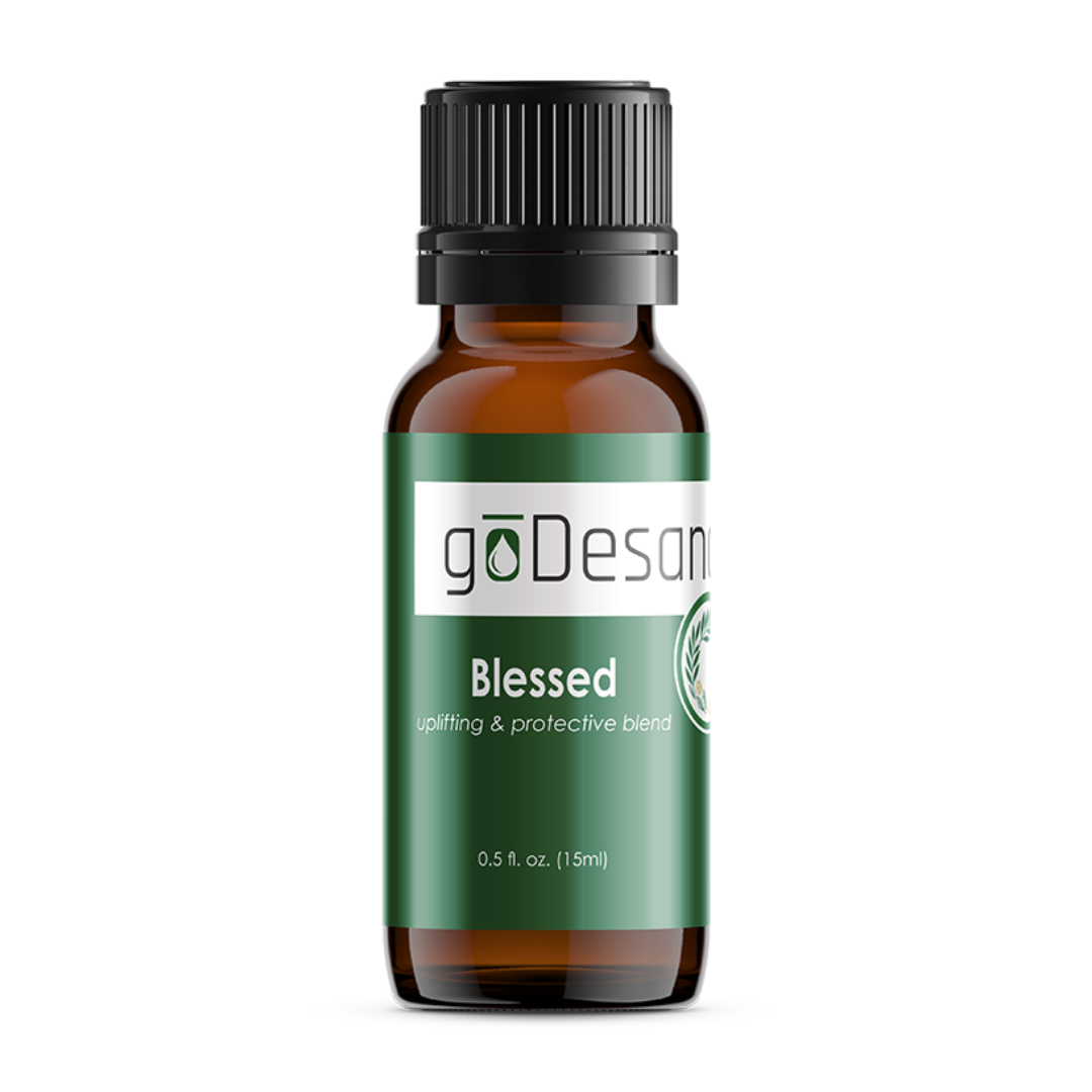 Blessed Anointing Oil from Save Our Jewels Wellness, featuring a biblical recipe, in a glass bottle with a golden cap.