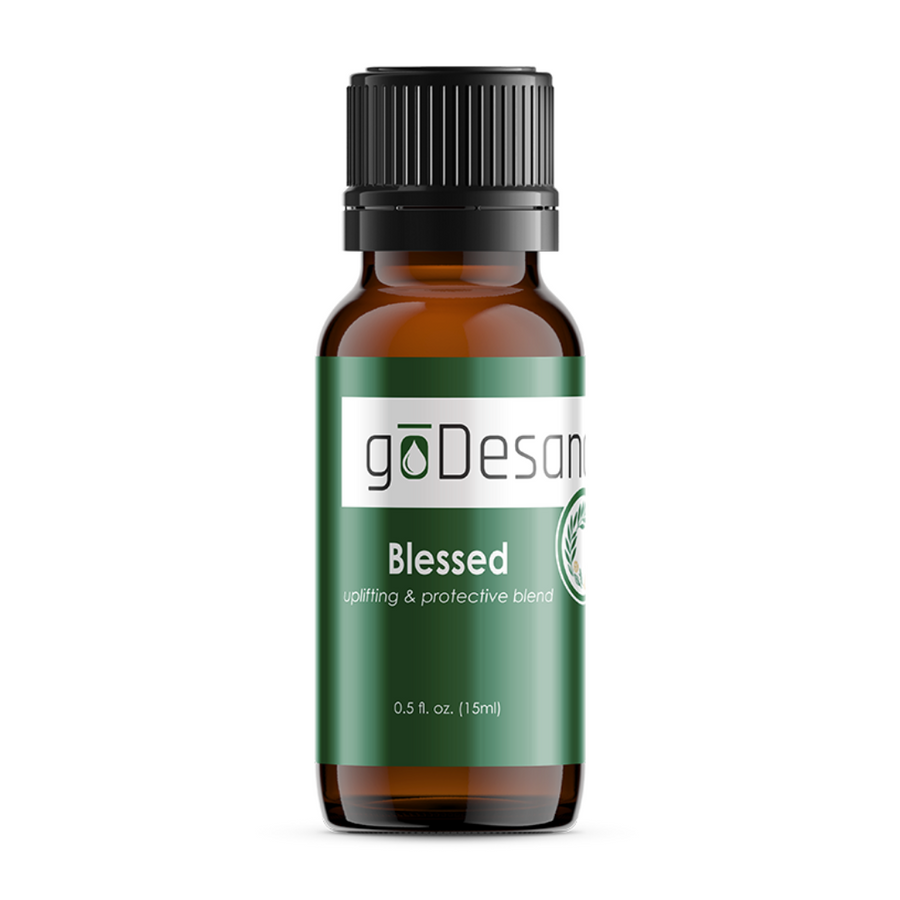 Blessed Anointing Oil from Save Our Jewels Wellness, featuring a biblical recipe, in a glass bottle with a golden cap.