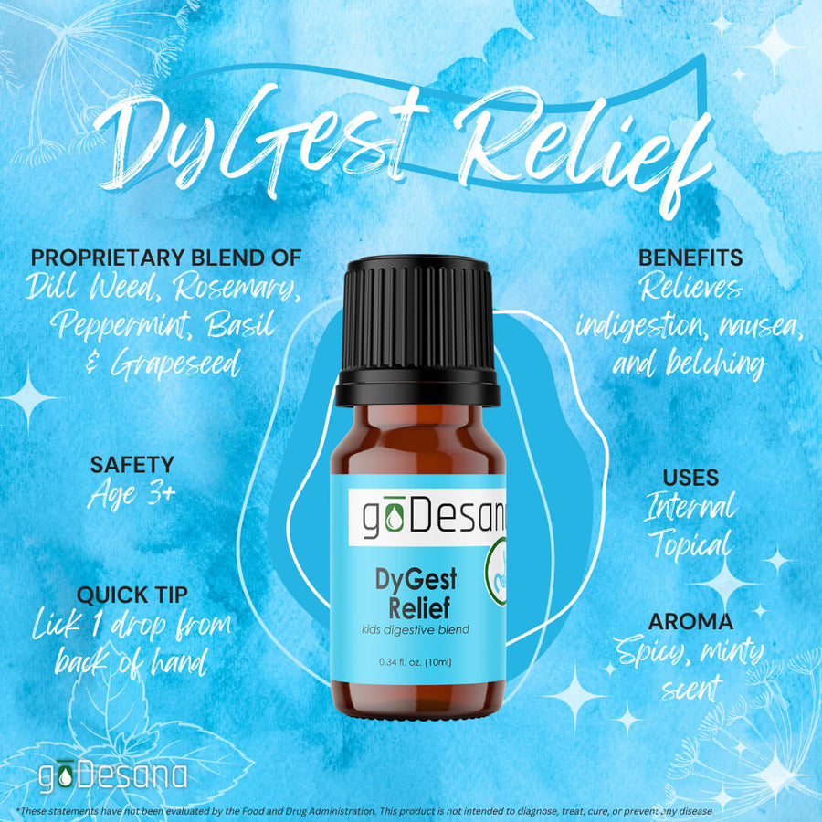 DyGest Relief essential oil blend for kids by Save Our Jewels Wellness, featuring a colorful bottle and natural ingredients for stomach relief.