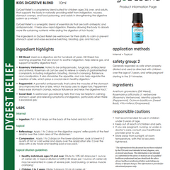 DyGest Relief essential oil blend for kids by Save Our Jewels Wellness, featuring a dropper bottle with herbal ingredients.