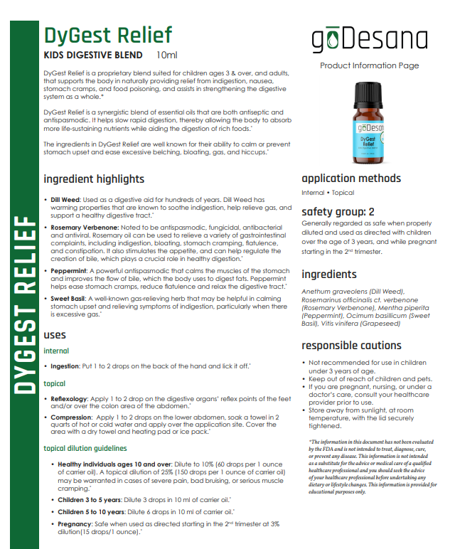 DyGest Relief essential oil blend for kids by Save Our Jewels Wellness, featuring a dropper bottle with herbal ingredients.