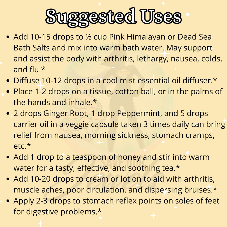 Ginger root essential oil bottle by Save Our Jewels Wellness, used for nausea relief and morning sickness.
