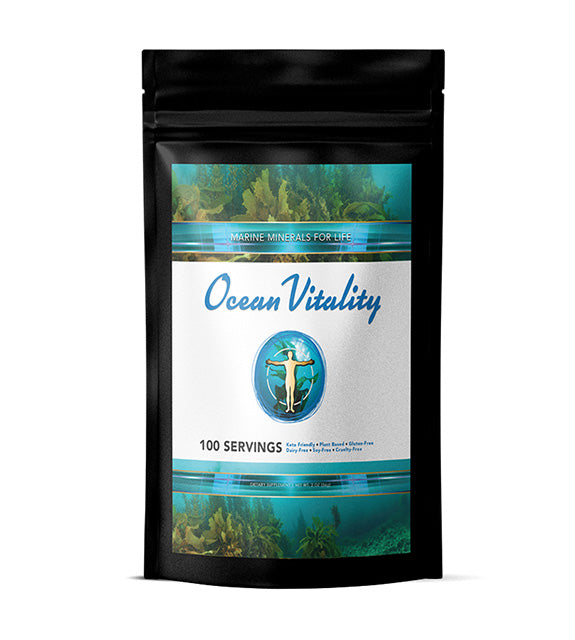 Ocean Vitality Thyroid and Mineral Support from Save Our Jewels Wellness, 100 servings, featuring a jar with a label and supplement capsules