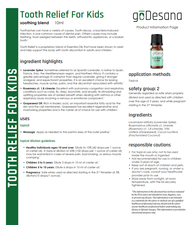 Bottle of Save Our Jewels Wellness Tooth Relief Essential Oil with a dropper and natural ingredients on the label.