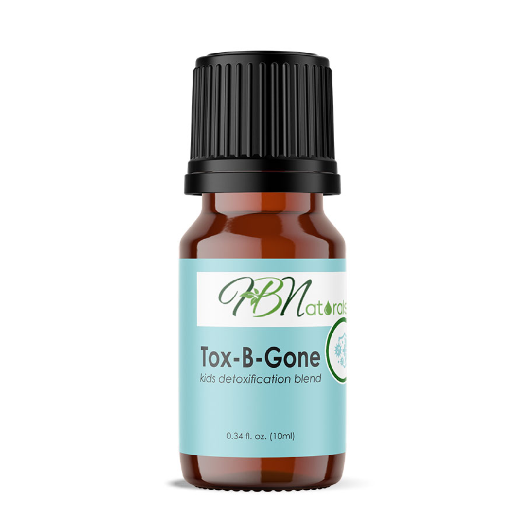 Tox-B-Gone Kids detoxification essential oil blend by Save Our Jewels Wellness, featuring a small bottle of natural essential oil.
