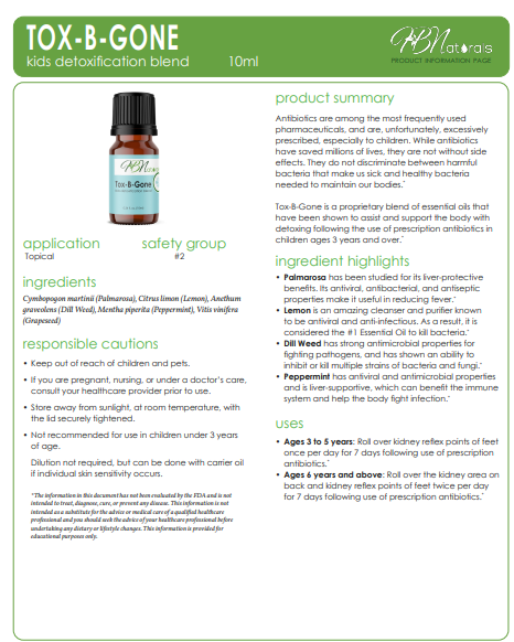 Bottle of Tox-B-Gone Kids Detoxification Essential Oil Blend by Save Our Jewels Wellness, with natural oil blend in a clear glass bottle.