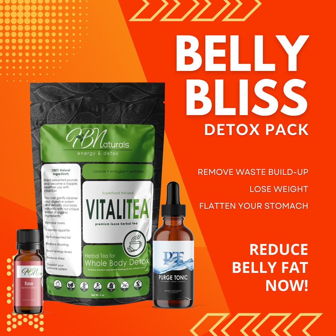 Belly Bliss Wellness Kit by Save Our Jewels Wellness with VitaliTEA, Purge Tonic, and Ease Essential Oil Blend herbal supplements.