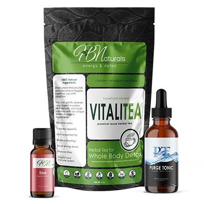 Belly Bliss Wellness Kit with VitaliTEA herbal tea, Purge Tonic, and Ease Essential Oil Blend from Save Our Jewels Wellness.