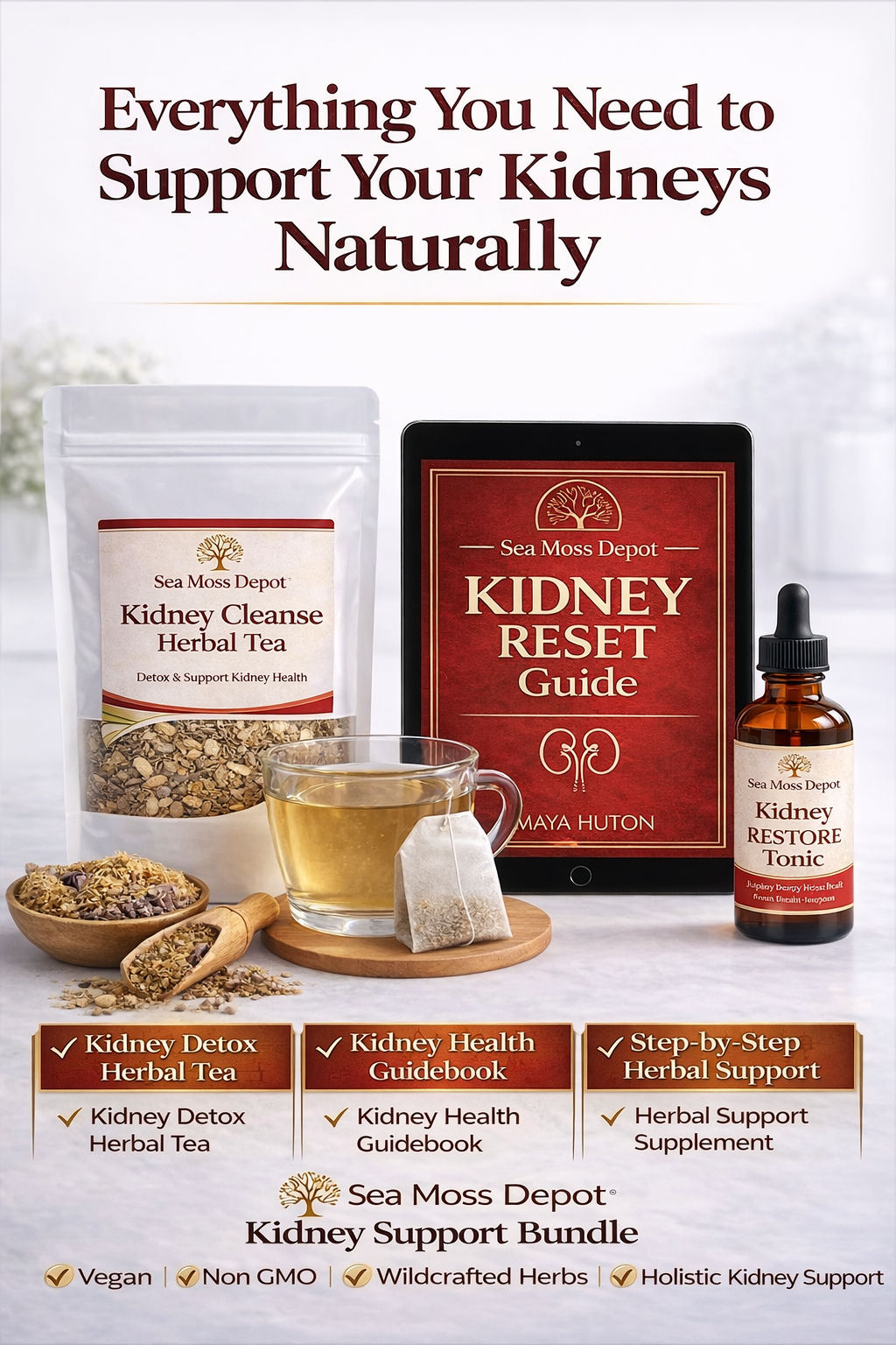 Organic botanical herbal liquid supplement for kidney detox with Chanca Piedra, cranberry, burdock root, and plant extracts.
