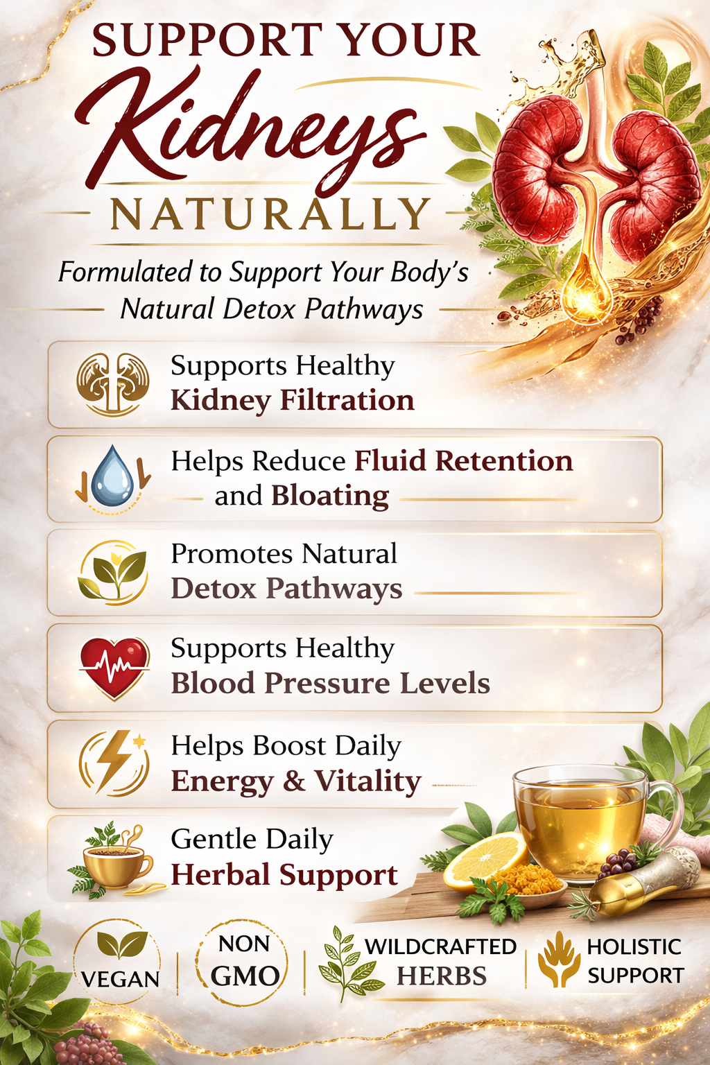 Organic botanical herbal liquid supplement for kidney detox with Chanca Piedra, cranberry, burdock root, and plant extracts by Seamoss Depot.