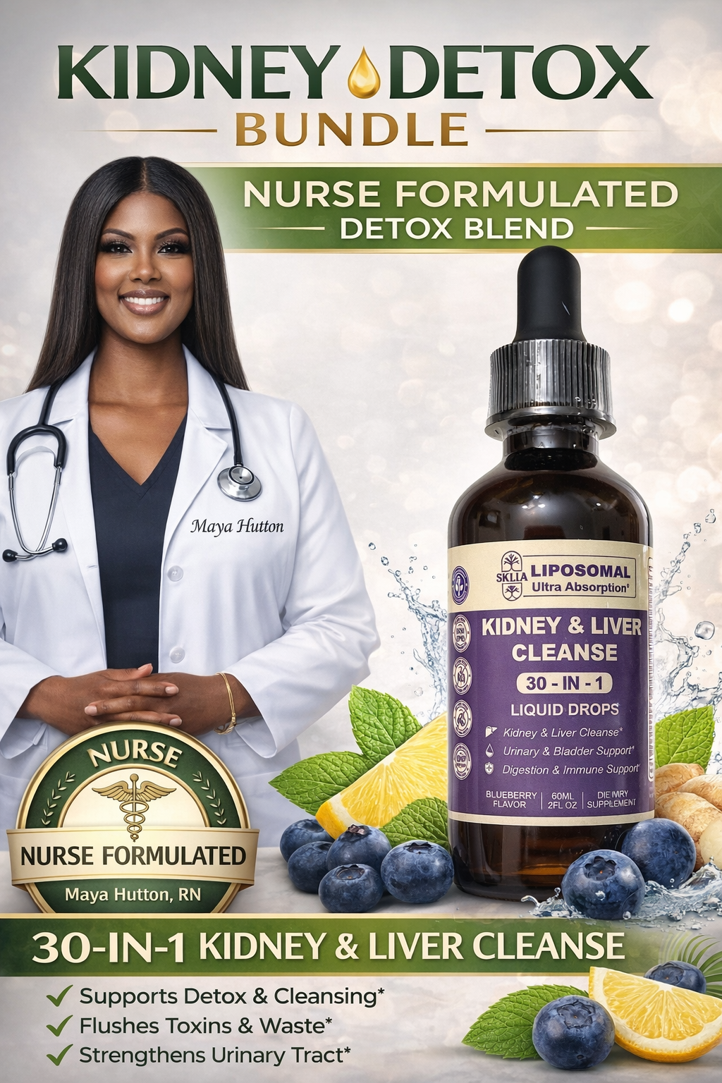 Organic botanical herbal kidney detox liquid supplement with chanca piedra, cranberry, burdock root, and plant extracts.