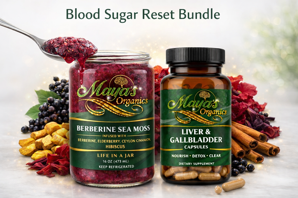 Sea moss gel from Seamoss Depot in the Berberine & Sea Moss Wellness Bundle, with botanical gel and herbal supplement capsules.