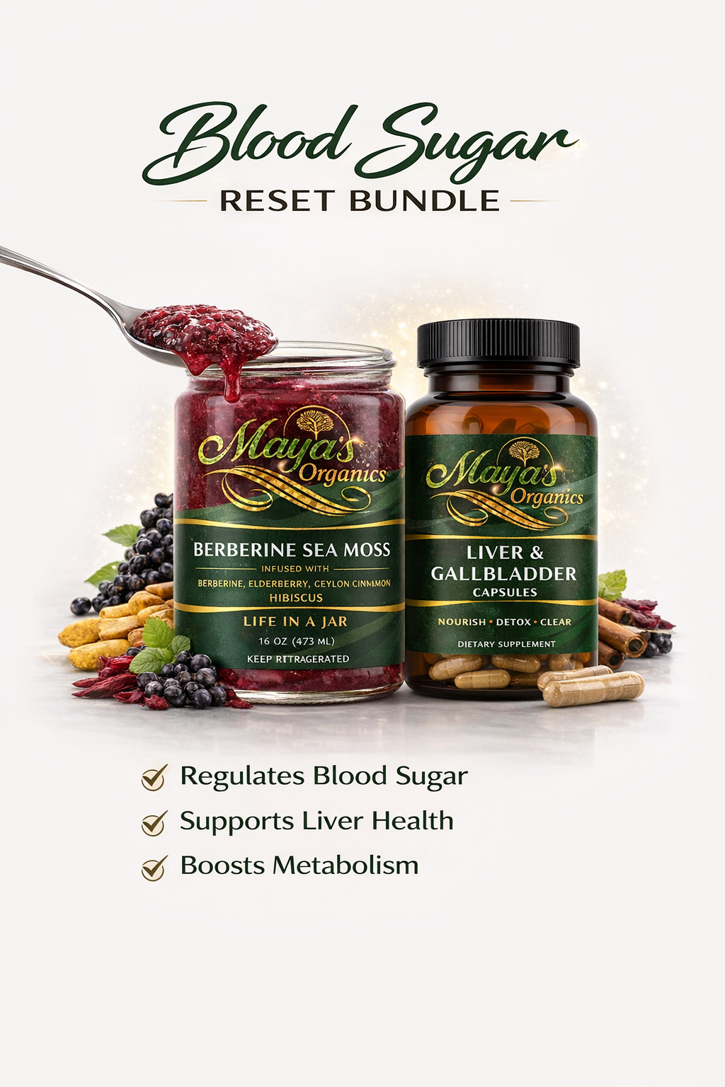 Sea moss gel from Seamoss Depot in the Berberine & Sea Moss Wellness Bundle, shown in a jar with herbal supplement capsules beside it.