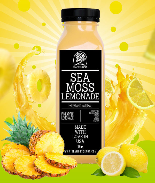 Sea moss lemonade wholesale bottles featuring pineapple, strawberry, soursop, and blue spirulina from Seamoss Depot.
