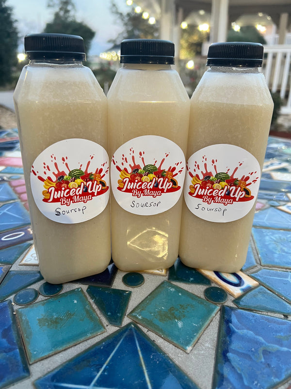 Fresh soursop juice in a 16oz bottle with ginger and organic lime, showcasing a natural, vegan, keto-friendly drink.