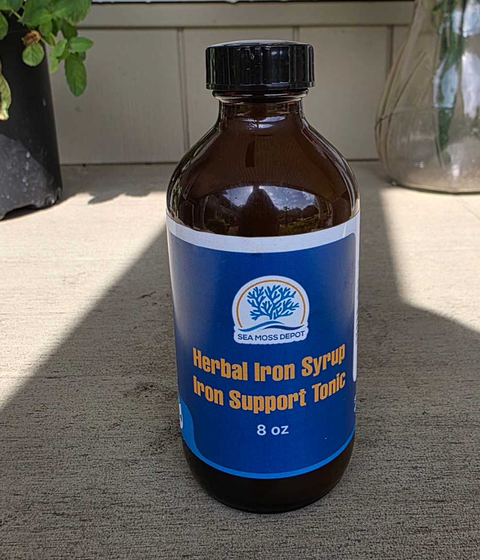 Herbal Iron Liquid Supplement by Seamoss Depot, natural vegan iron boost for energy, vitality, and overall wellness.