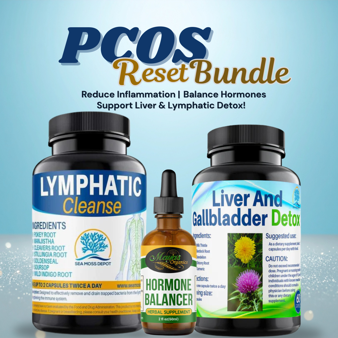 Seamoss Depot PCOS Reset Bundle vitamins and supplements for hormone balance, inflammation reduction, liver and lymphatic detox, cycle regulation.