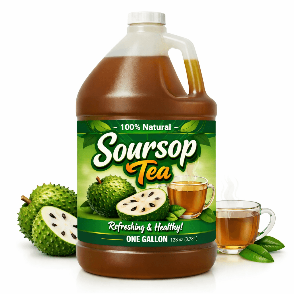 Soursop tea with burdock root in a gallon container, traditional herbal detox and weight loss cleanse by Seamoss Depot.
