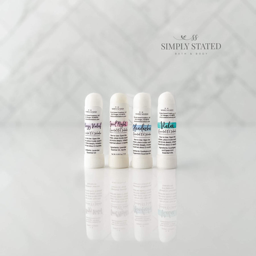 Lavender aroma nasal inhaler stick from Simply Stated Creations, soothing aromatherapy tool with classic label design.
