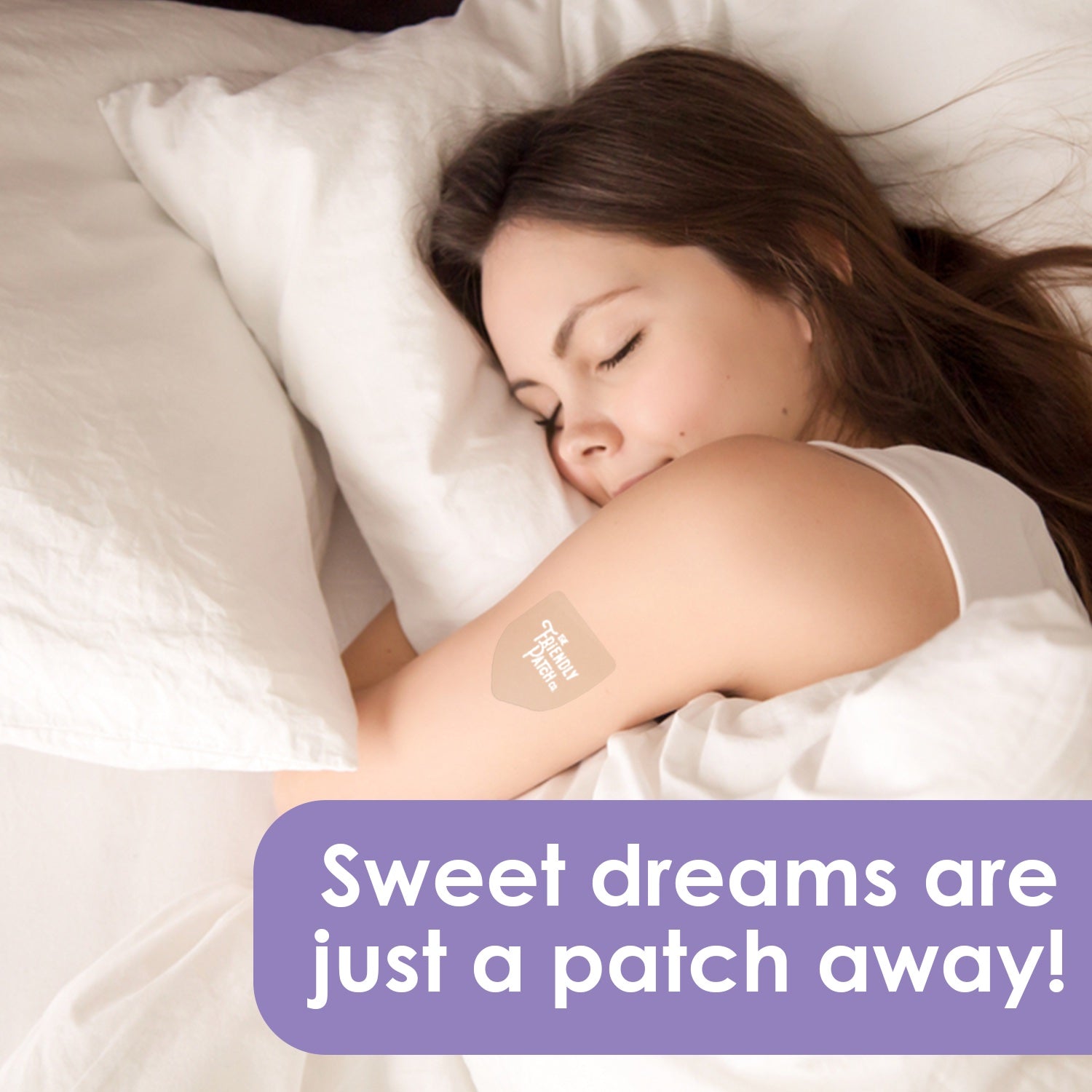 Girl applying a Snooze Melatonin Sleep Patch from Friendly Patch Co, showing a wearable skin supplement patch for sleep support.