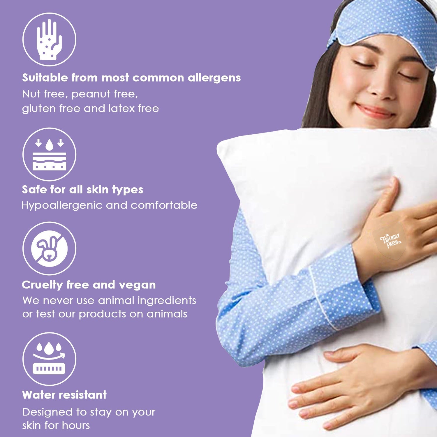 Girl holding pillow with Snooze Melatonin Sleep Patches from Friendly Patch Co, wearable skin supplement travel patches, 8-pack.