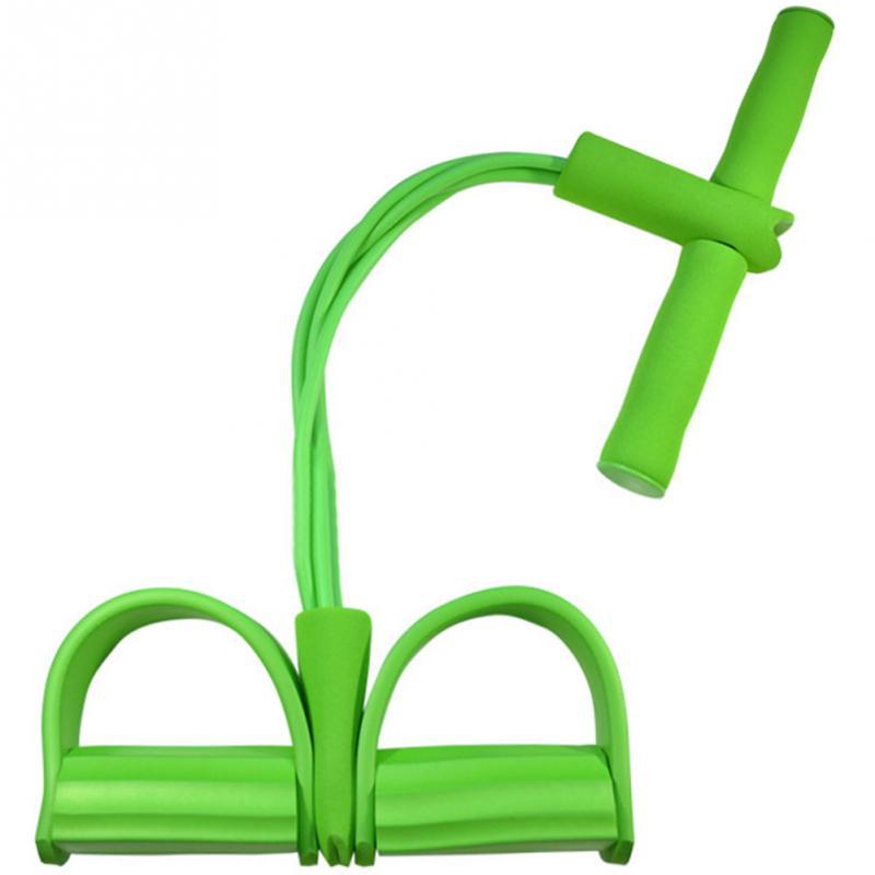 Green natural latex foot pedal elastic pull rope with handle for fitness, bodybuilding, and exercise training.