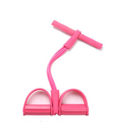 Green natural latex foot pedal elastic pull rope with handle, fitness equipment for bodybuilding and strength training.